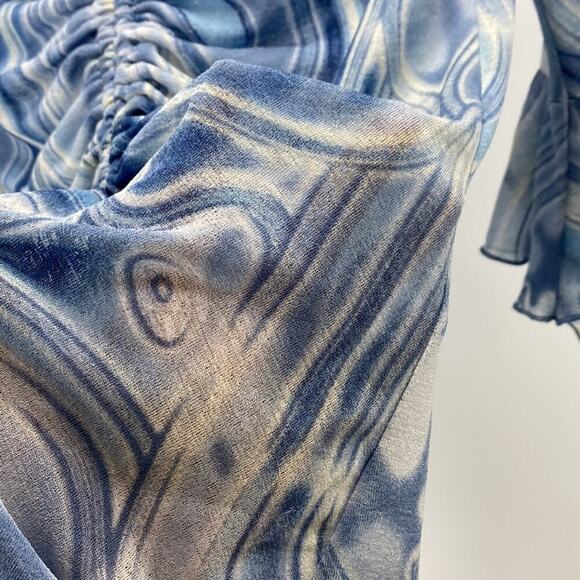 Retro Y2K marbled semi sheer adjustable top flowy sleeves form fitting sz S - Picture 6 of 7